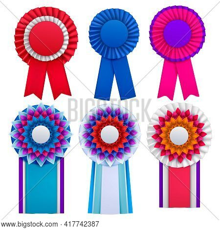 Bright Blue Red Pink Purple Awards Circulair Rosettes Badges Lapel Pins With Ribbons Realistic Set V