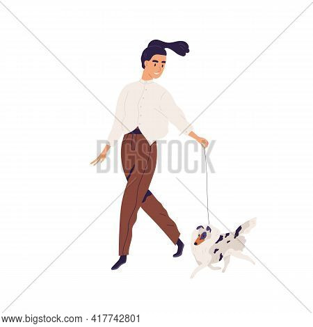 Happy Young Woman Walking With Purebred Small Dog. Pet Owner Leading Her Shetland Doggy On Leash. Fe