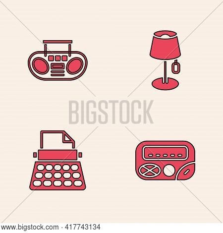 Set Pager, Home Stereo With Two Speakers, Floor Lamp And Retro Typewriter Icon. Vector