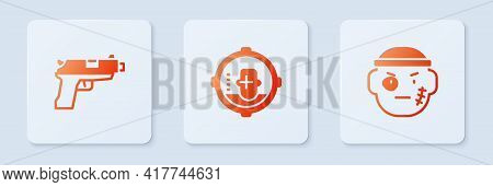 Set Headshot, Pistol Or Gun And Bandit. White Square Button. Vector