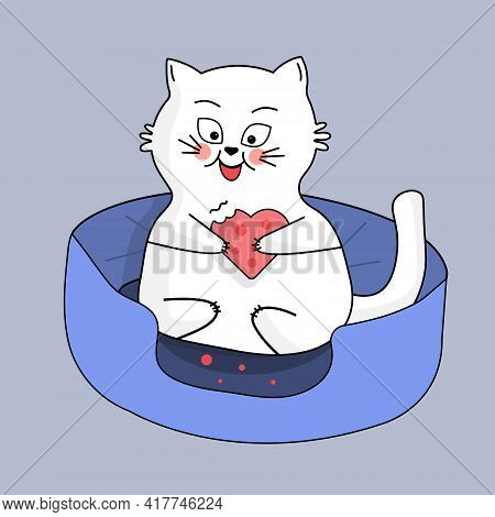 Vector Happy Cute Fun White Kitten Cartoon Smiling Character Cat. Plump White Cat Eating Biscuit