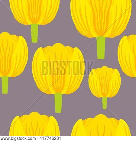 Seamless Pattern With Varietal Vibrant Yellow And Orange Tulip. Tulips Colorful Heads On The Lilac B