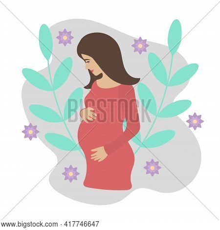 Beautiful Pregnant Woman With Nature And Leaves Background. Concept Vector Illustration In Flat Styl
