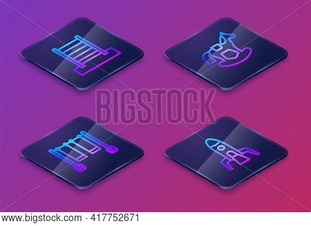 Set Isometric Line Swedish Wall, Double Swing, Horse Saddle And Rocket Ship. Blue Square Button. Vec