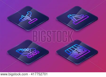 Set Isometric Line Swing Plane, Roller Skate, Kid Slide And Shooting Gallery. Blue Square Button. Ve
