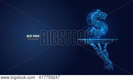 Digital 3d Hand Holding Plate With Dollar Icon In Dark Blue. Abstract Dish And Currency Symbol. Best
