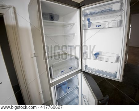 An Empty Refrigerator Or Fridge, Kitchen Equipment For Cooling Food And Drinks