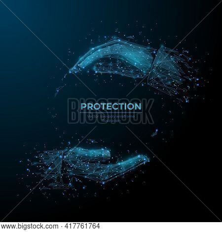 Two Human Hands Protecting Or Holding Something. Abstract Vector Arm Or Palm In Dark Blue. Protectio