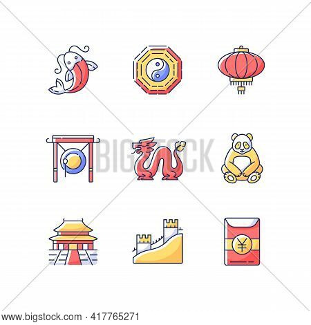 Oriental Culture Rgb Color Icons Set. Koi Fish. Bagua And Hong Bao. Chinese Red Paper Lantern. Loong