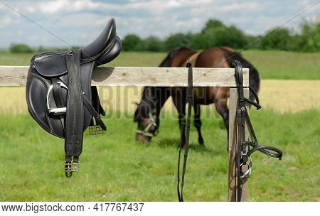 Leather Bridle And Saddle Are On Hitching Post In Outdoors.