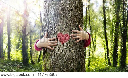 Tree Hugging - Love Nature - Child Hug The Trunk With Red Heart Shape