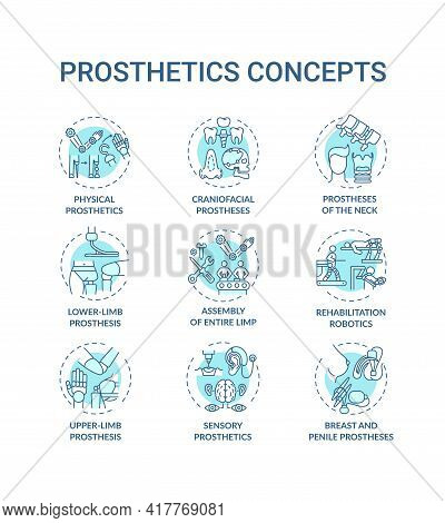 Prosthetics Concept Icons Set. Upper And Lower-limb Prosthesis Idea Thin Line Rgb Color Illustration