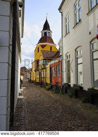 Classical Old Bell Tower Landmark Of The Old City Faaborg Funnen Denmark  - Vertical Image