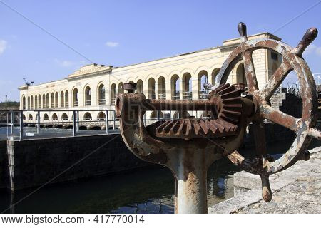 Somma Lombardo (va), Italy - September 15, 2016: The Panperduto Dike On The Ticino River, Lombardy, 