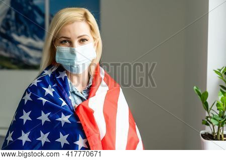 Blonde Girl In Face Mask With Usa Flag.