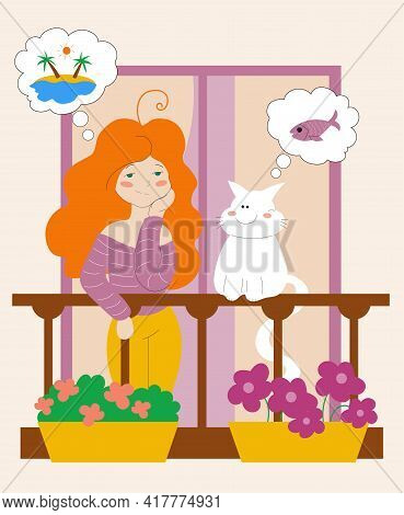 Girl Standing On The Balcony And Dreaming About Summer Vacation At Ocean Coast.