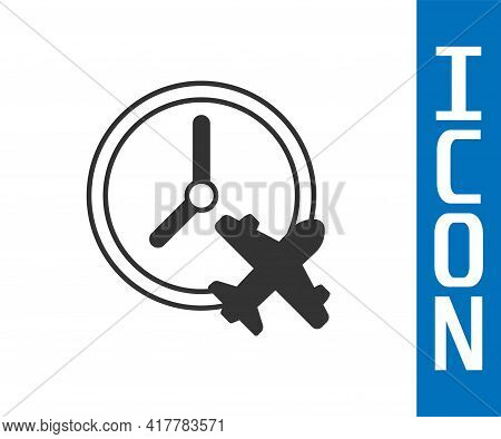 Grey Clock With Airplane Icon Isolated On White Background. Designation Of Time Before Departure, Ch