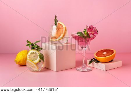 Hard Seltzer Cocktails With Various Fruits: Pear, Grapefruit, Lemon. Refreshing Colorful Summer Drin