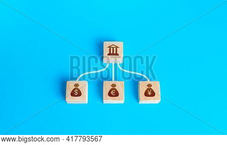 Linked Blocks Bank And Currencies Money Bags. Financial System, National Foreign Exchange Reserve Co