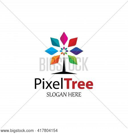 Pixel Tree Logo Design Template. Vector Illustration