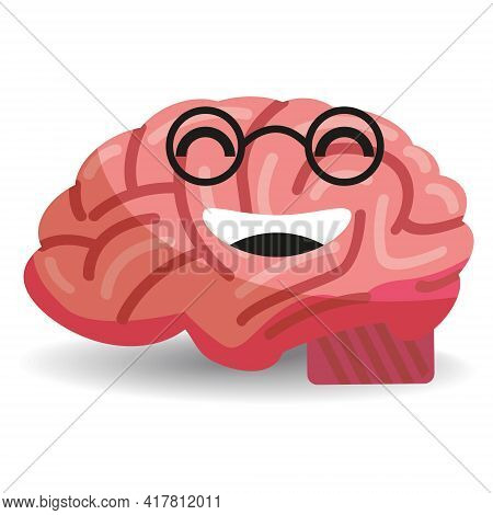Brain With Glasses Smiling, Cute Positive Character . Vector Flat Cartoon Style Isolated