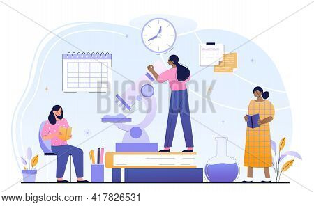 Three Female Characters Are Studying In A Classroom Together. Concept Of Study Time Management. Grou