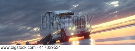 Semi Truck In Motion. Truck Closeup On A Highway. Trucking Business Concept. 3d Illustration.