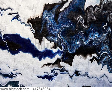 Sea Deep Inspired Abstract Marble Liquid Texture In Silver White Glitter, Indigo, Ultramarine And Bl