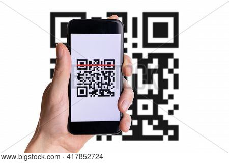 Id Qr. Hand Holding Mobile Smartphone Screen For Online Pay, Scan Barcode Technology With Qr Code Sc