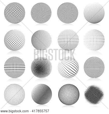 Halftone Sphere. Abstract Gradient Dotted Texture Globe Elements, Round Halftone Vector Symbols Illu