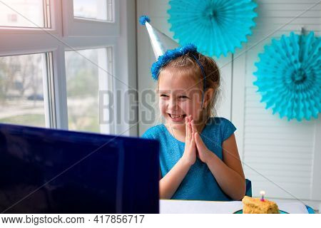 Little Happy Girl Claps Her Hands, Celebrates Birthday Via The Internet In Quarantine Time, Self-iso
