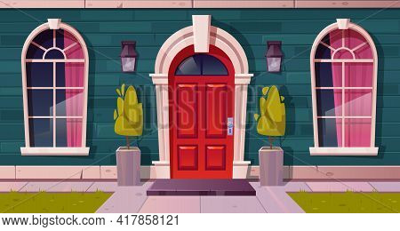 Luxury Cottage House Facade, Home Building Exterior Of Green Brick, Red Wooden Arched Door And Curta