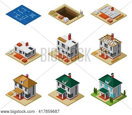 House Construction Phases From Drawing To Finished Building Isometric Icons Set Isolated Vector Illu
