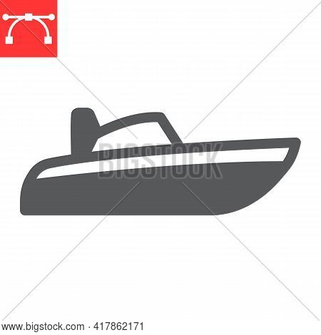 Speedboat Glyph Icon, Motor Boat And Beach, Motorboat Vector Icon, Vector Graphics, Editable Stroke 