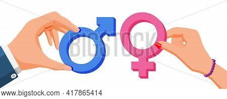 Pink And Blue Gender Symbol In Hands Isolated On White. Feminine And Masculine Signs. Male, Female, 