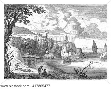 In a bay a sailing ship is anchored, next to it a rowing boat. On the bay is a village with a church. The entrance to the bay is flanked by two towers. Several sailing ships sail at sea