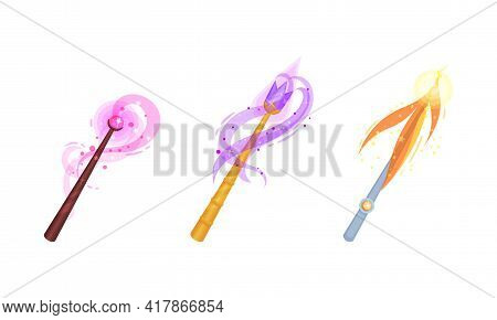 Magic Wands With Fairy Dust And Glow Swirling Around Vector Set