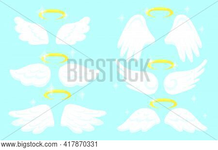 Creative Angel Wings With Gold Nimbus Flat Pictures Set For Web Design. Cartoon Collection Of Cute W