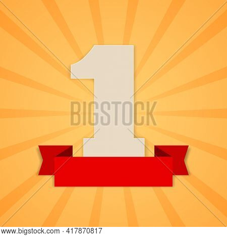 Number one winner icon with red banner on sunbeam abstract background. Frist place concept.