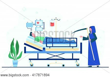 Patient Dying In Intensive Care Unit. Scythe Of Death, Life Support System. Flat Vector Illustration