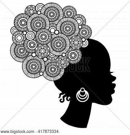 Black Curly Head African American Woman In Mandala Style. Coloring Page For Adult