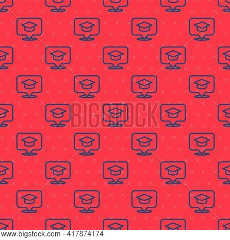 Blue Line Graduation Cap In Speech Bubble Icon Isolated Seamless Pattern On Red Background. Graduati