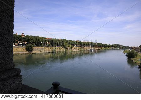 Pavia (pv), Italy - June 09, 2018: Ticino River In Pavia, Pavia, Lombardy, Italy