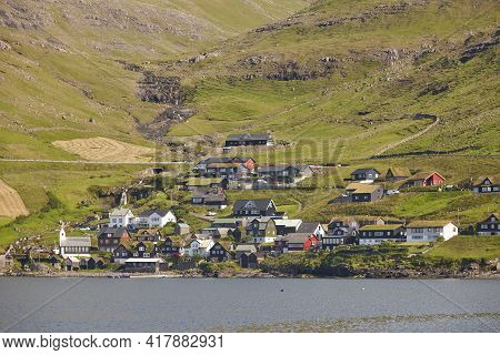 Faroe Islands Picturesque Coastline Village Of Bour. Vagar Island Landscape