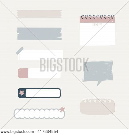 Set Of Cute Hand Drawn, Doodle Blank Sticky Note Pad With Tape, Speech Bubble Balloon Think, Speak, 