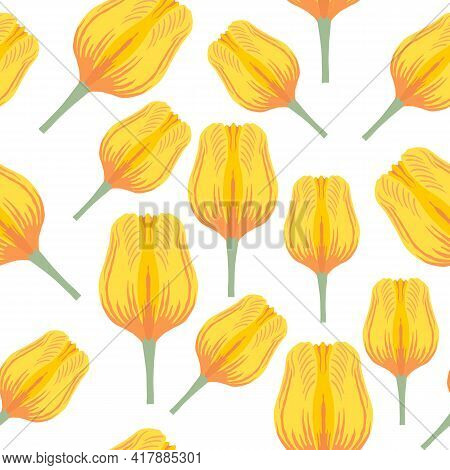 Seamless Pattern With Varietal Vibrant Yellow And Orange Tulip. Tulips Colorful Heads On The White B