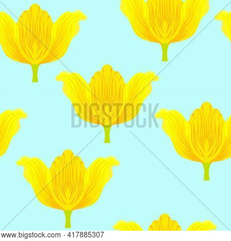Seamless Pattern With Varietal Vibrant Yellow And Orange Tulip. Tulips Colorful Heads On The Blue Ba
