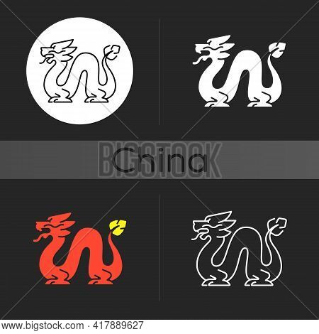 Loong Dragon Dark Theme Icon. Ancient Chinese Traditions. Mythological Creature. Lunar New Year Fest
