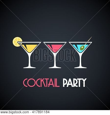 Martini Glasses With Cocktails, Olive And Lemon Slice On Dark Background. Design Template For Poster