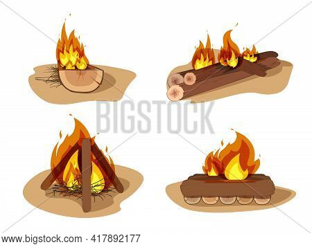 Flame And Fire Sign. Set Of Flame And Camp Vector Icon For Stock. Firewood Boards, Outdoor Bonfire O